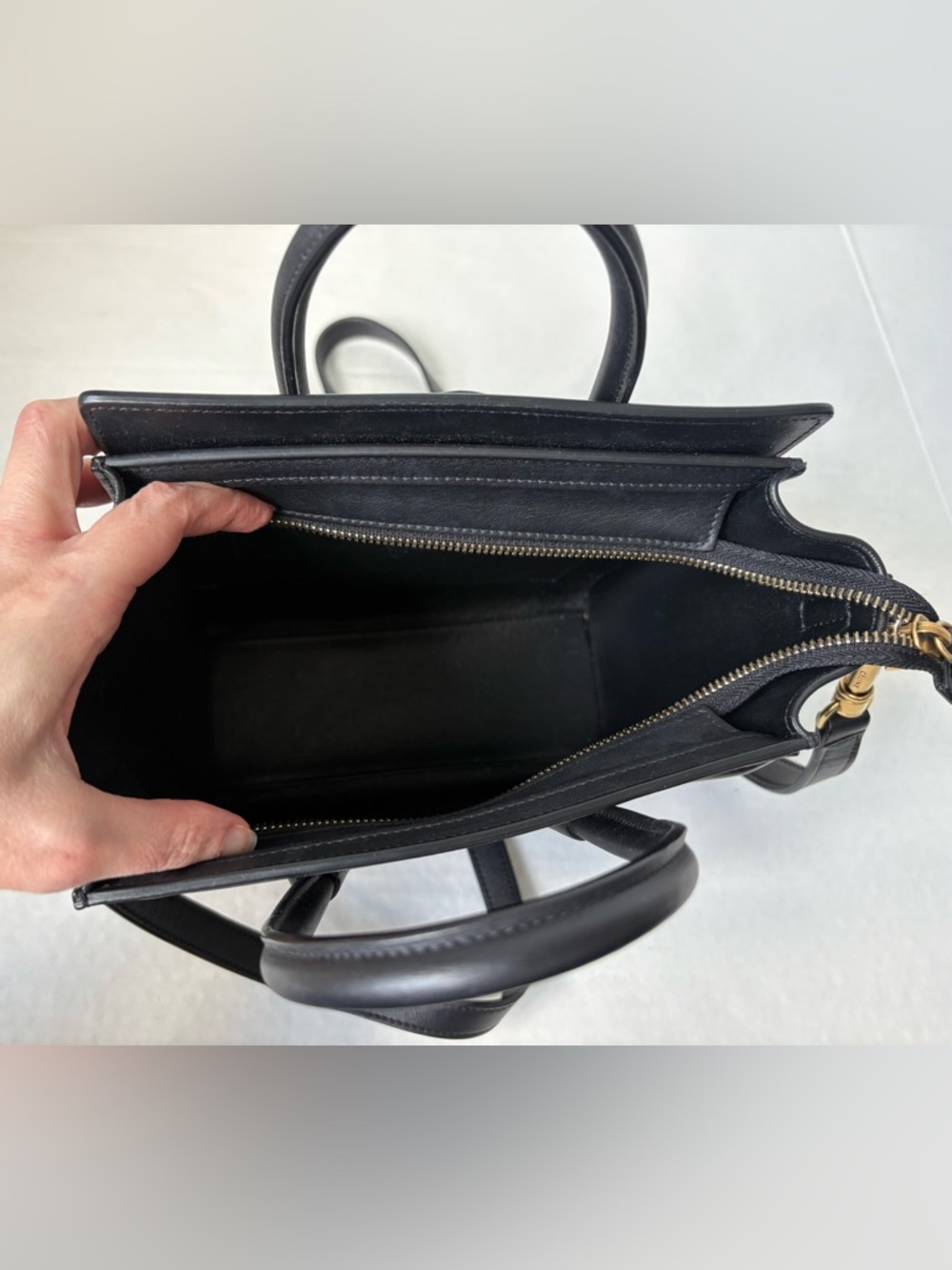 Celine Black Leather Luggage Nano Top Handle Bag Crossbody Gold Hardware Zip - Picture 9 of 14